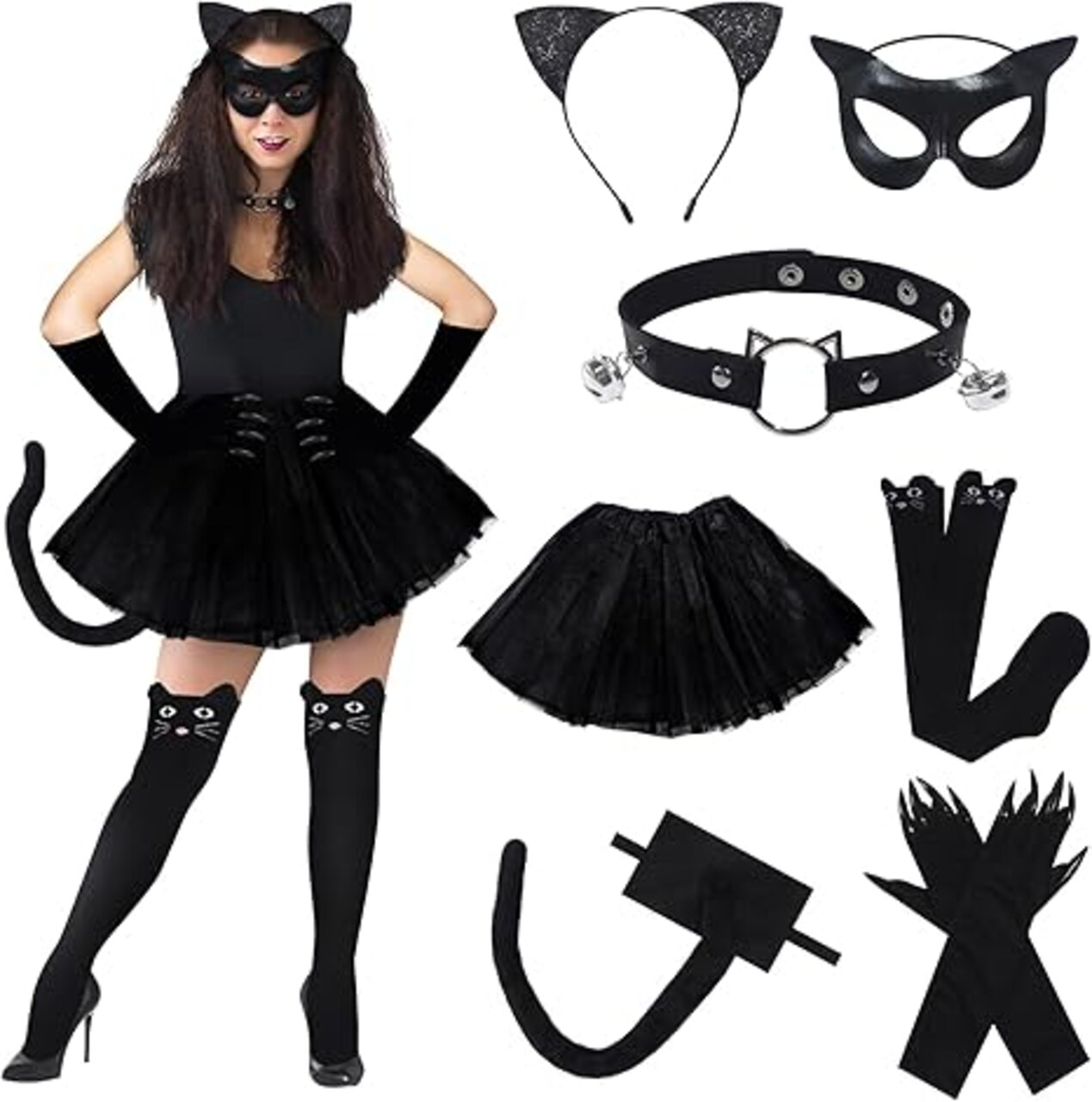 7 Pcs Halloween Black Cat Costume Accessories for Women with Halloween Cat Mask Neck Choker Cat Paw Gloves Headband Cat Tail Black Yarn Skirt Stockings for Halloween Cosplay Dress up Party